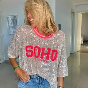 t shirt sequins Soho rose fluo