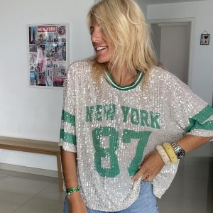 T shirt Naw York sequins vert