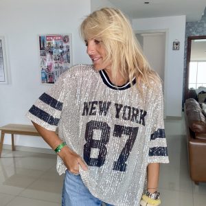 T shirt New York sequins marine