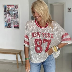 T shirt New York sequins rouge