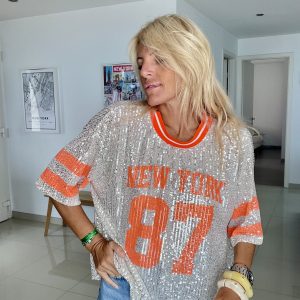 T shirt New York sequins orange