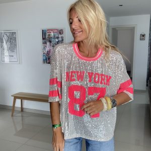 T shirt sequins New york rose fluo