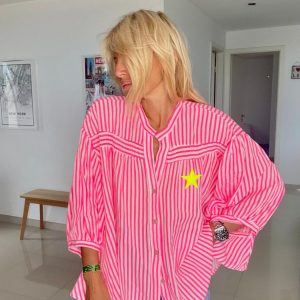 Blouse oversize iconic rayée rose fluo